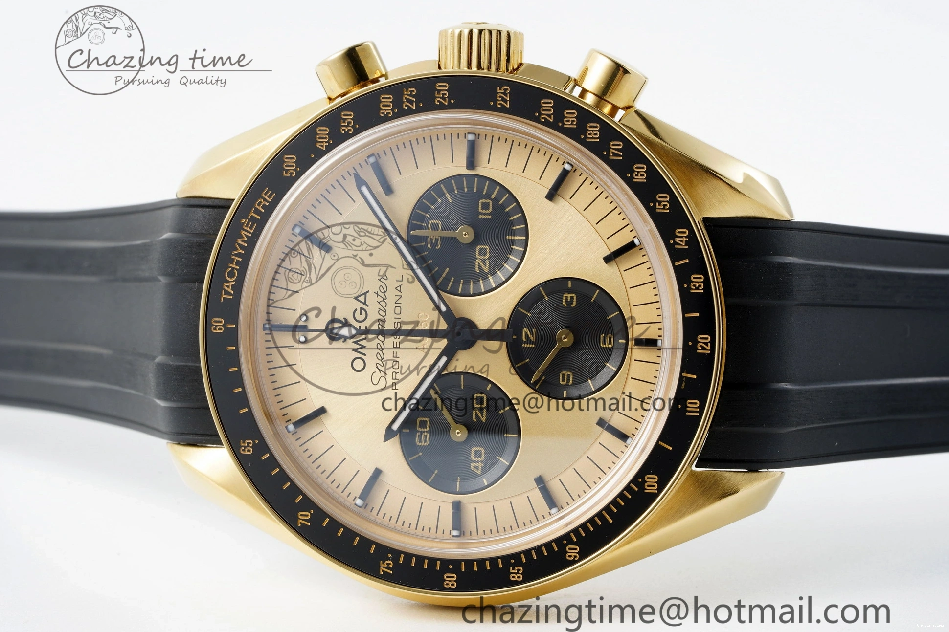 0421 TimelessDesign Speedmaster Moonwatch in Moonshine Gold YG RMF Best Edition YG Dial on Black Rubber Strap Manual Chrono 7834